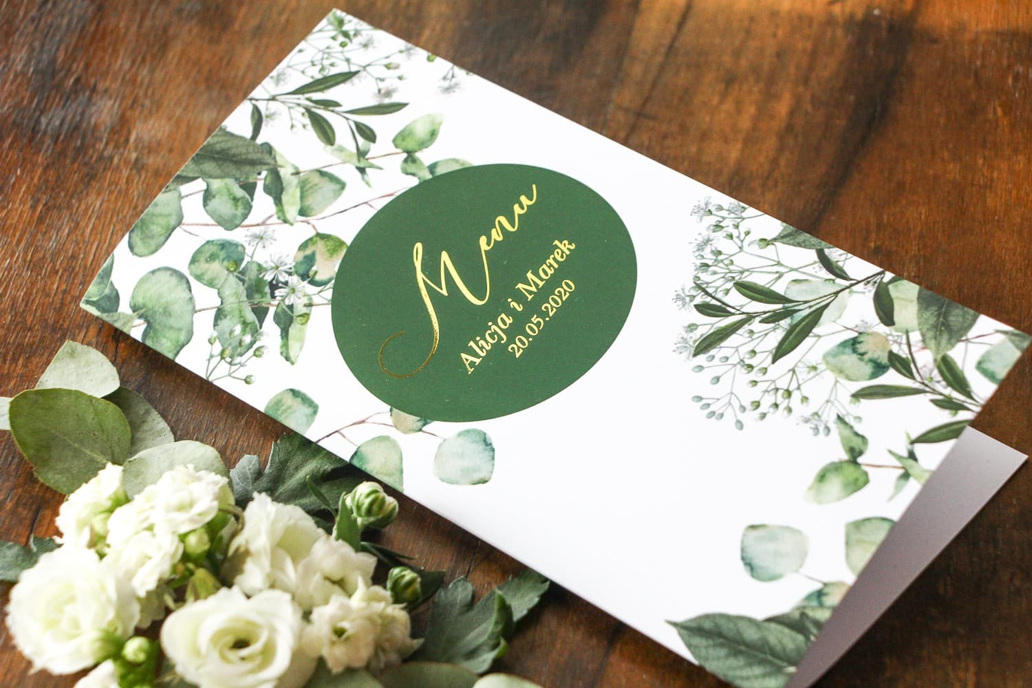 Złocone Menu Weselne z Eukaliptusem | Karta Dań na Stół Glamour, Greenery | Soreli nr 5