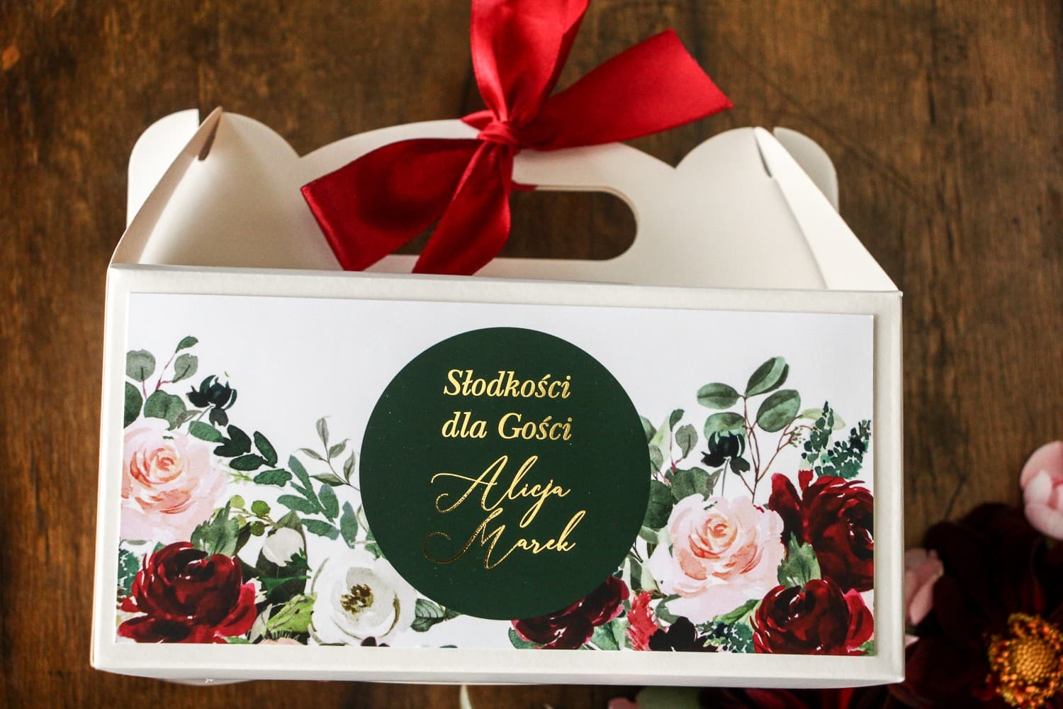 Eleganckie pudełko na ciasto weselne złocone, kwiaty glamour | Personalizowane opakowania na ciasto | Soreli nr 2