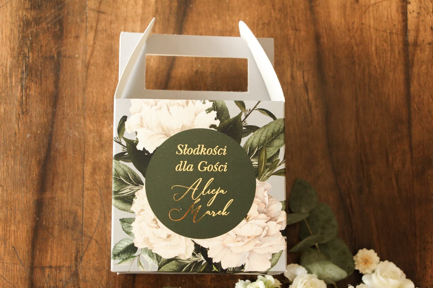 Złocone Pudełko na Ciasto Weselne z Rączką, Kwiaty | Eleganckie Opakowania dla Gości | Soreli nr 1