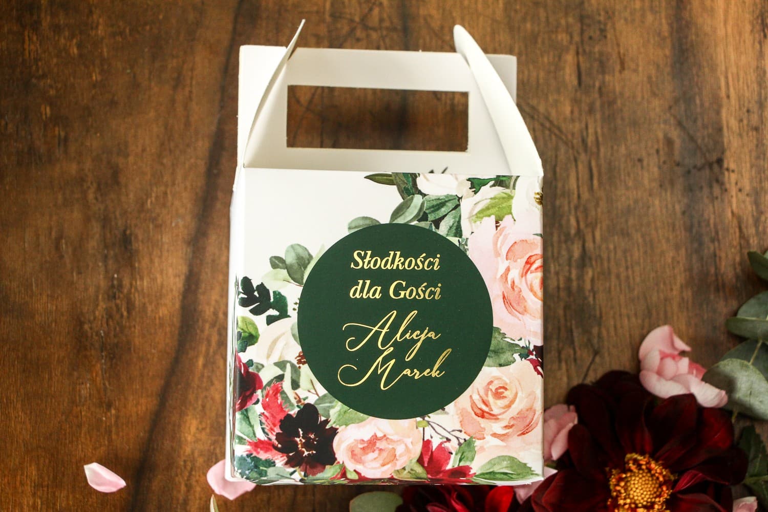 Eleganckie Pudełko na Ciasto Weselne Glamour z Piwoniami | Podziękowanie dla Gości | Soreli nr 2