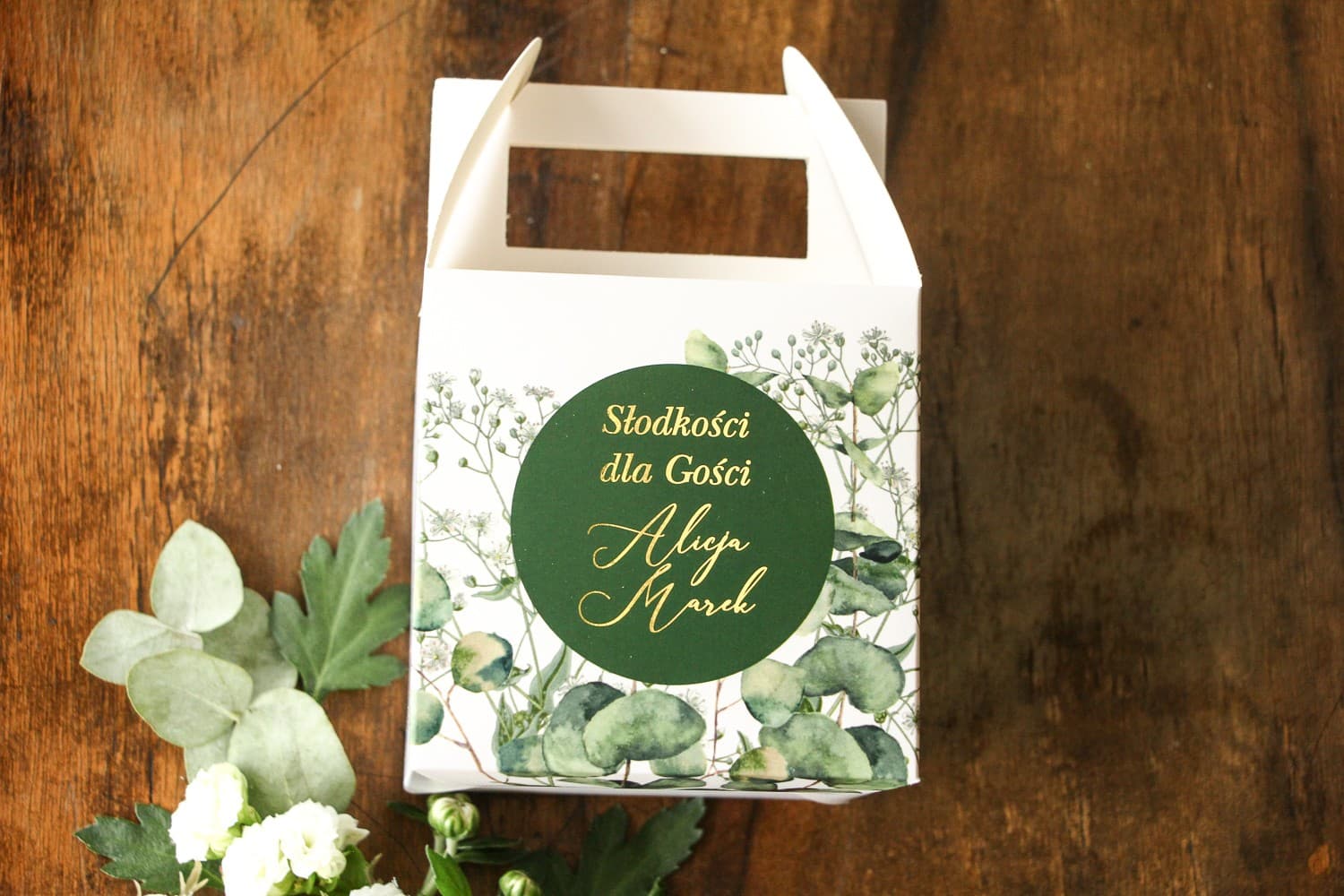 Eleganckie pudełko na ciasto weselne złocone z eukaliptusem | Opakowania dla gości | Soreli nr 5
