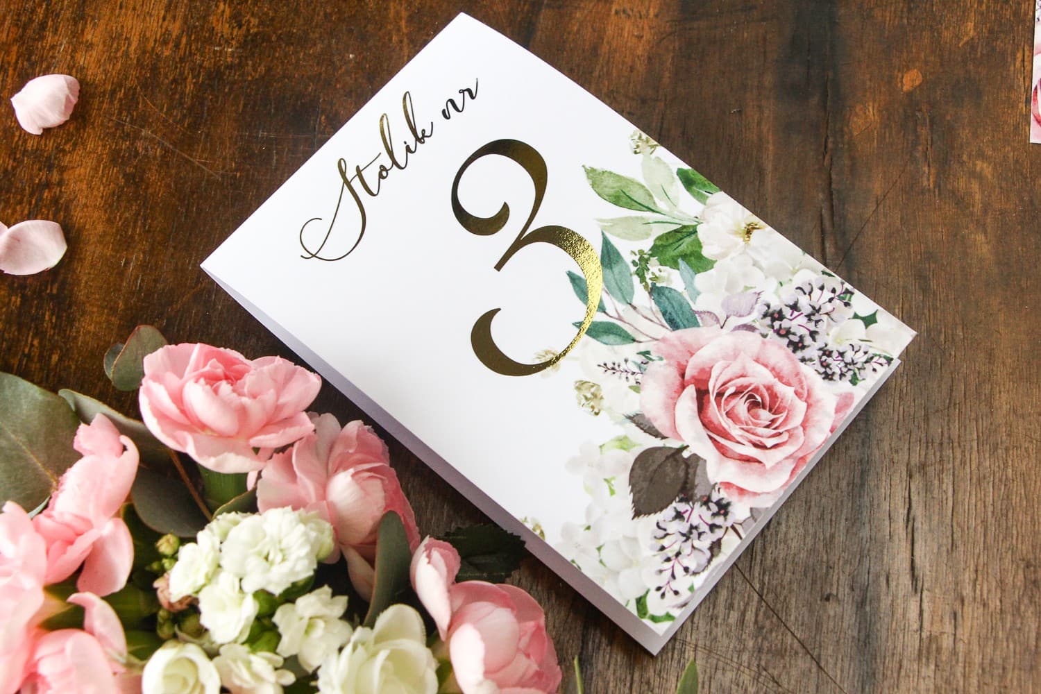 Złocone Numery na Stół Weselny z Różami | Eleganckie Numerki Glamour | Soreli nr 3