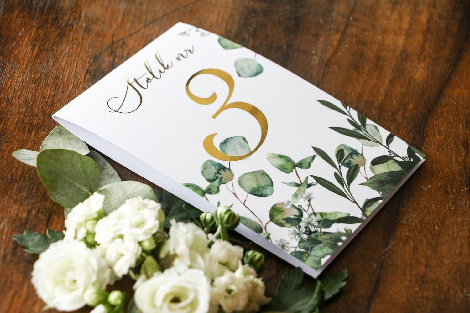 Złocone Numery na Stoliki Weselne Eukaliptus | Numerki na Stół Glamour Greenery | Soreli nr 5