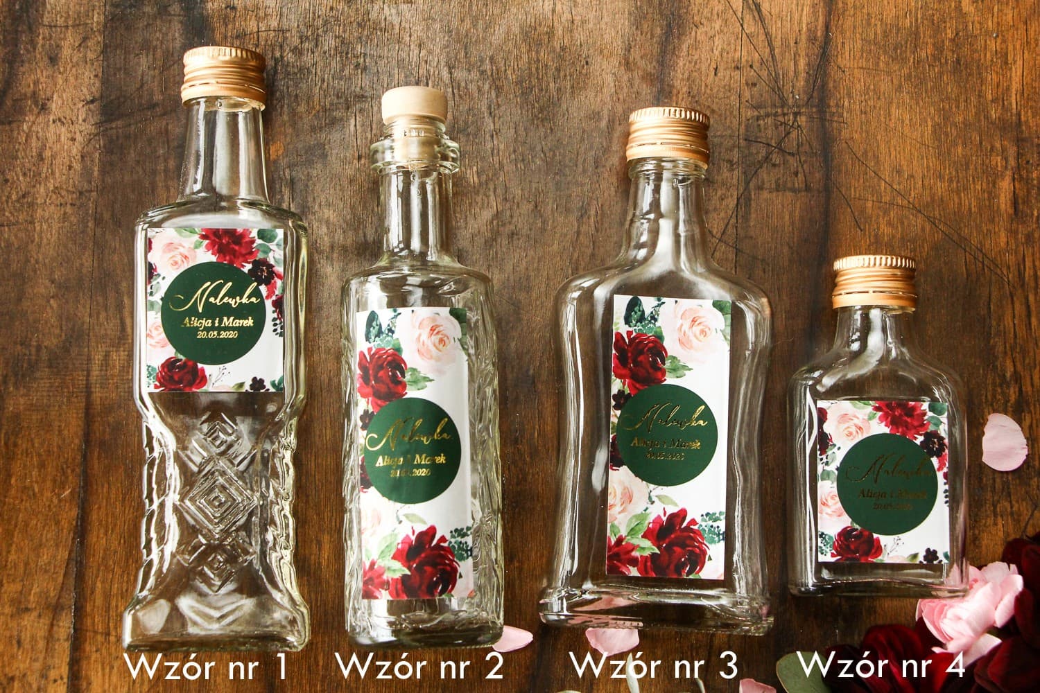 Złocone Butelki na Nalewki Weselne Burgundowe Kwiaty | Podziękowania dla Gości Glamour | Soreli nr 2