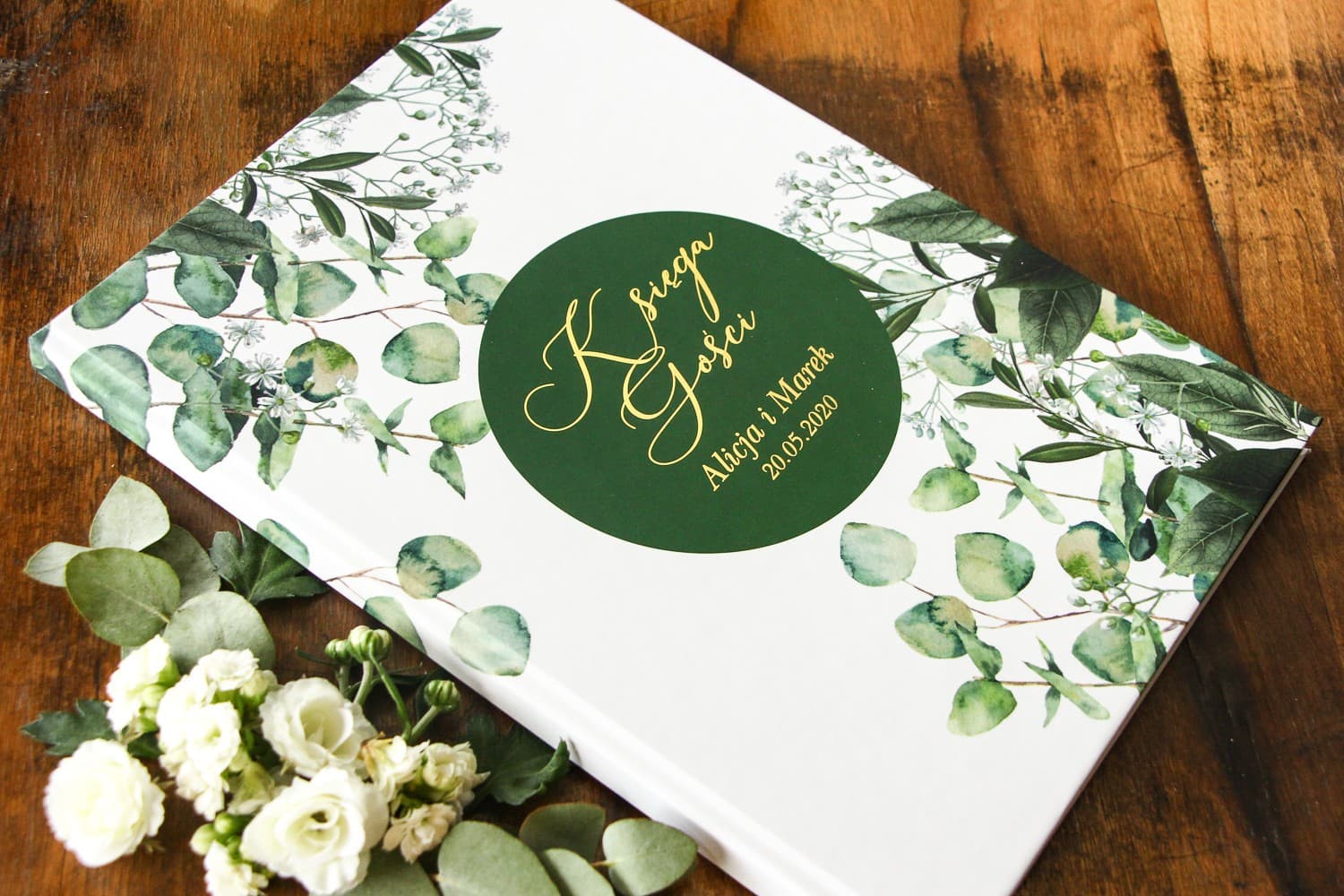 Złocona Księga Gości Eukaliptus Gipsówka | Personalizowana Ślubna Księga Gości A4 | Soreli nr 5