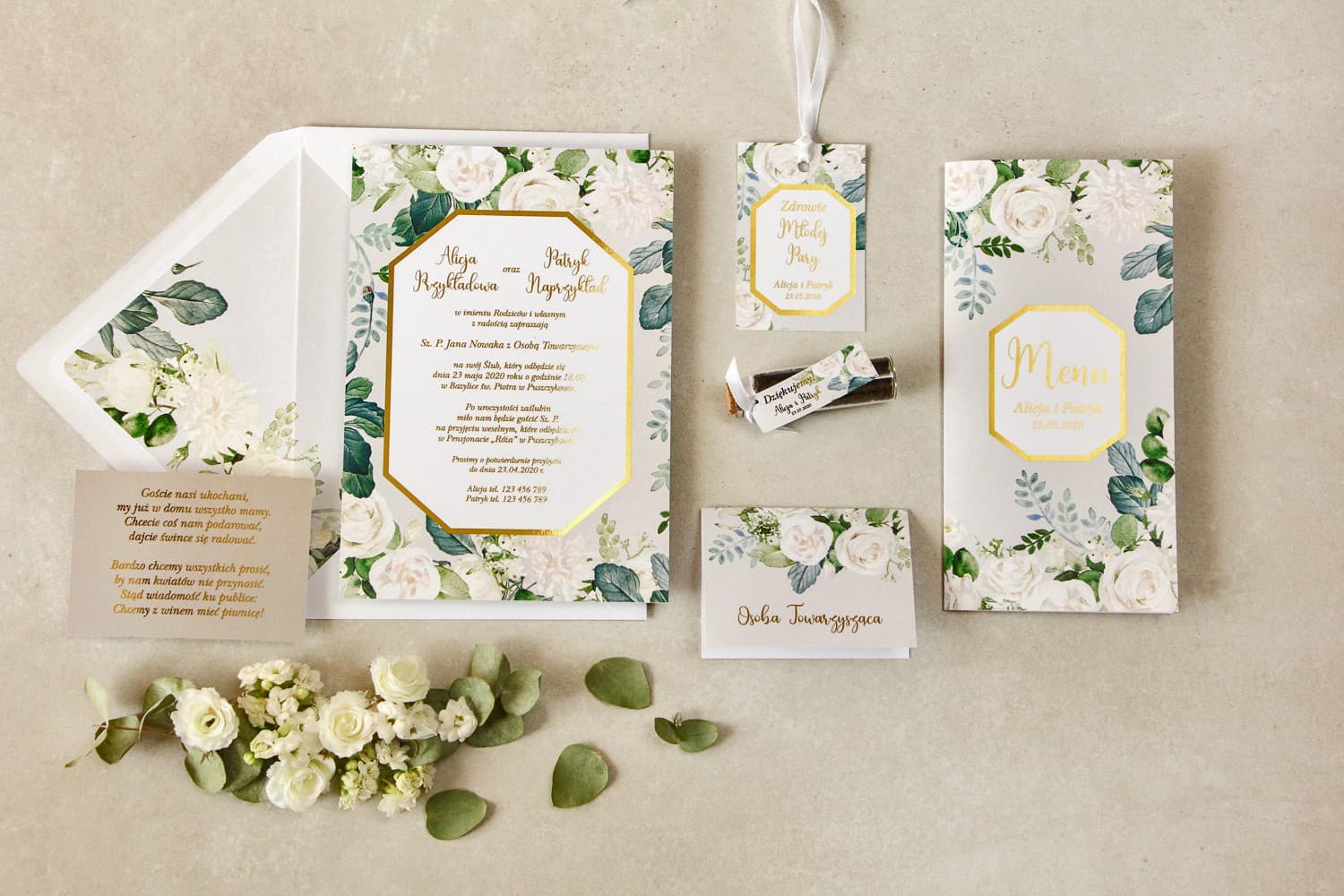 Zaproszenia ślubne szare glamour ze złoceniem i zielonymi gałązkami – Lotus 4 - 3
