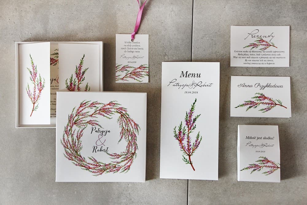 Próbki Zaproszeń Ślubnych i Dodatków z Wrzosem | Pełen Zestaw Próbny Papeterii z Bonem | Pistacjowe nr 22