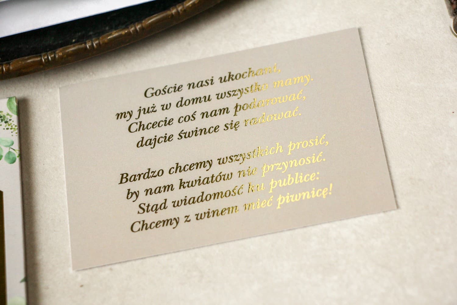 Złocony Bilecik Glamour Szary, Wkładka do Zaproszeń | Bileciki Ślubne Personalizowane | Lotus nr 3