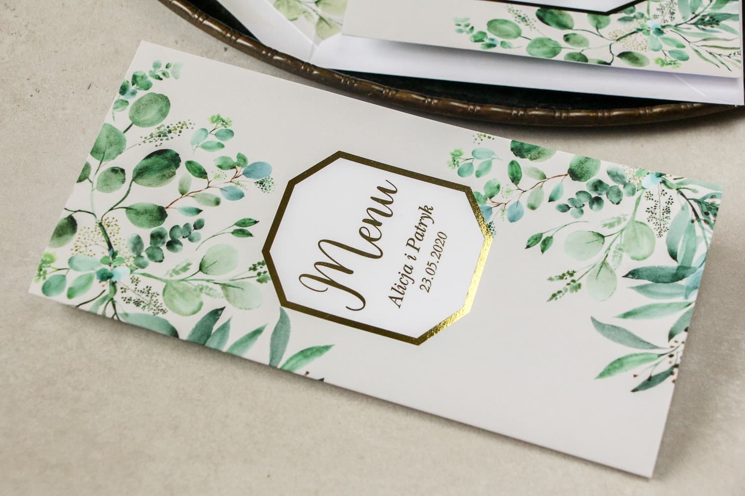 Złocone Menu Weselne Eukaliptus Szare Eleganckie | Menu na Stół Weselny Składane | Lotus Nr 3