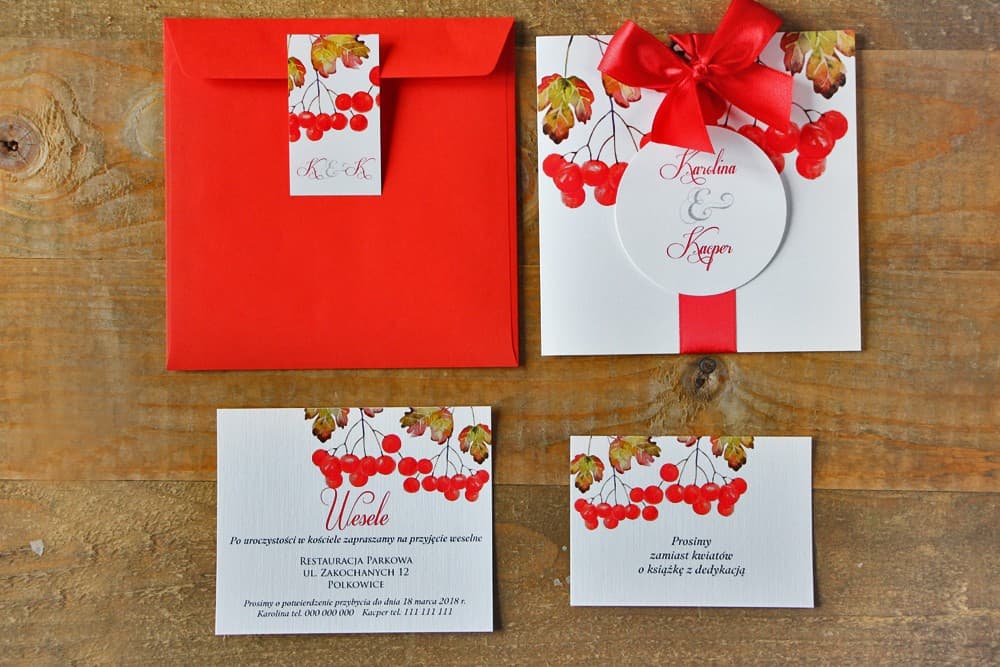 Zaproszenia ślubne akwarele z jarzębiną i czerwoną kokardką – Akwarele nr 12 - 3