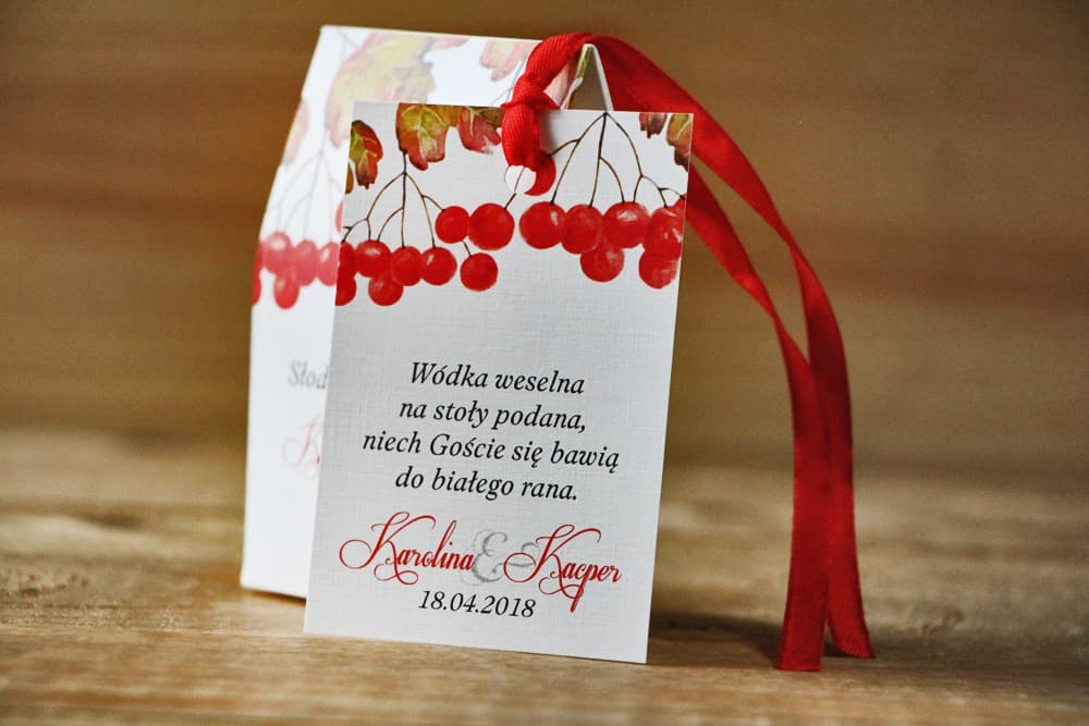 Zawieszki na Wódkę Weselną z Jarzębiną, Personalizowane | Jesienne Przywieszki na Alkohol z Akwarelą | Akwarele nr 12