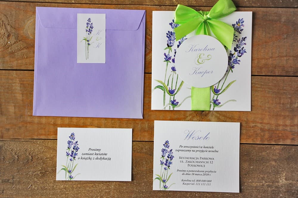 Zaproszenia ślubne w stylu prowansalskim z akwarelową lawendą i kokardką – Akwarele nr 14 - 3