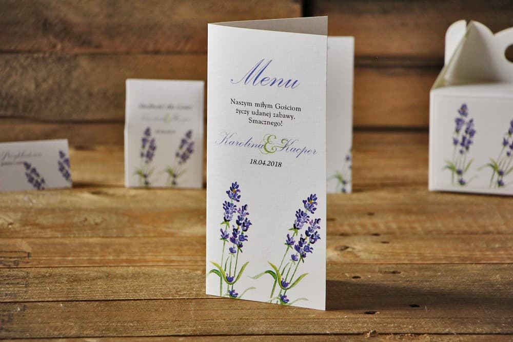 Menu Weselne Akwarelowe z Lawendą, Fioletowe, Personalizowane na Stół, Papier Lniany | Karta Menu na Wesele | Akwarele nr 14