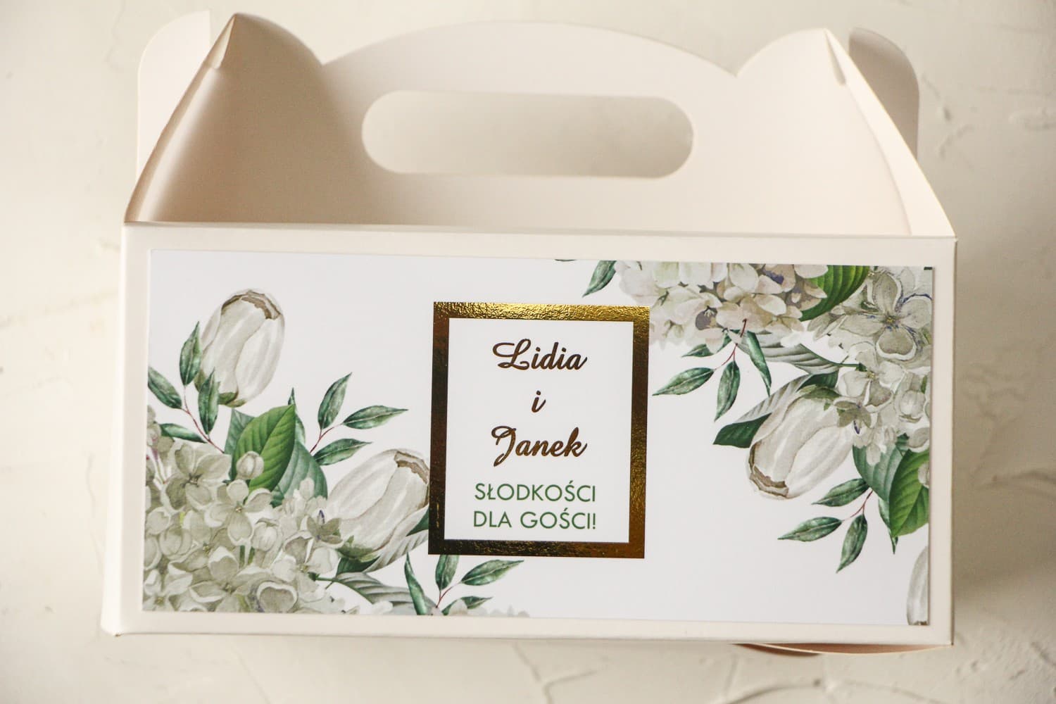 Pudełko na Ciasto Weselne z Hortensją i Złoceniem | Opakowanie dla Gości | Avril nr 2