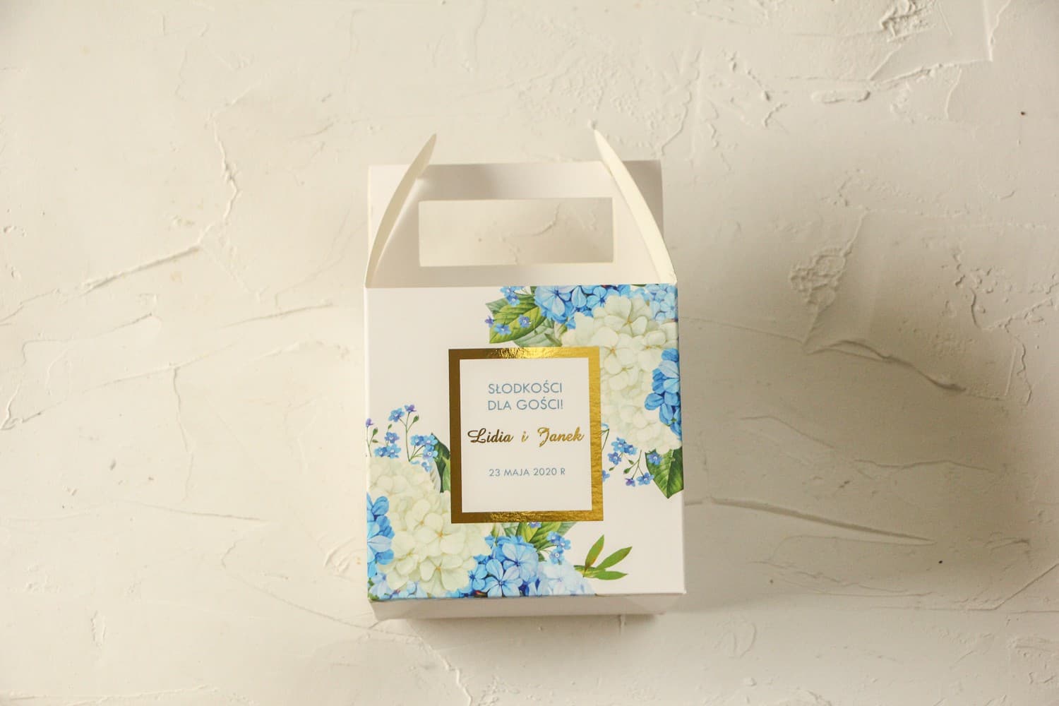 Pudełko na Ciasto Weselne z Hortensją i Złoceniem | Eleganckie Podziękowania dla Gości | Avril nr 1