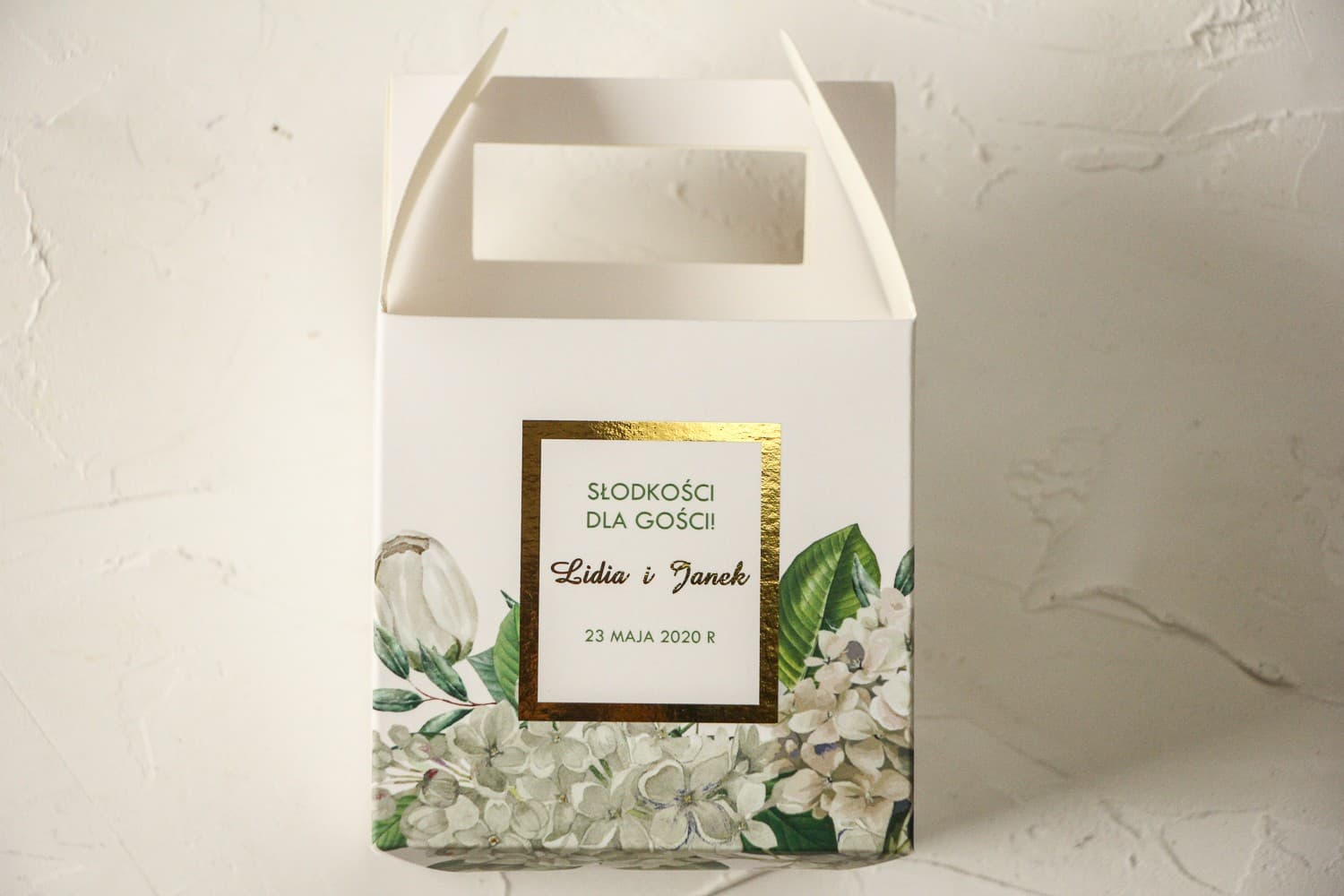 Eleganckie Pudełko na Ciasto Weselne ze Złoceniem, Hortensją i Tulipanami | Podziękowania dla Gości | Avril nr 2