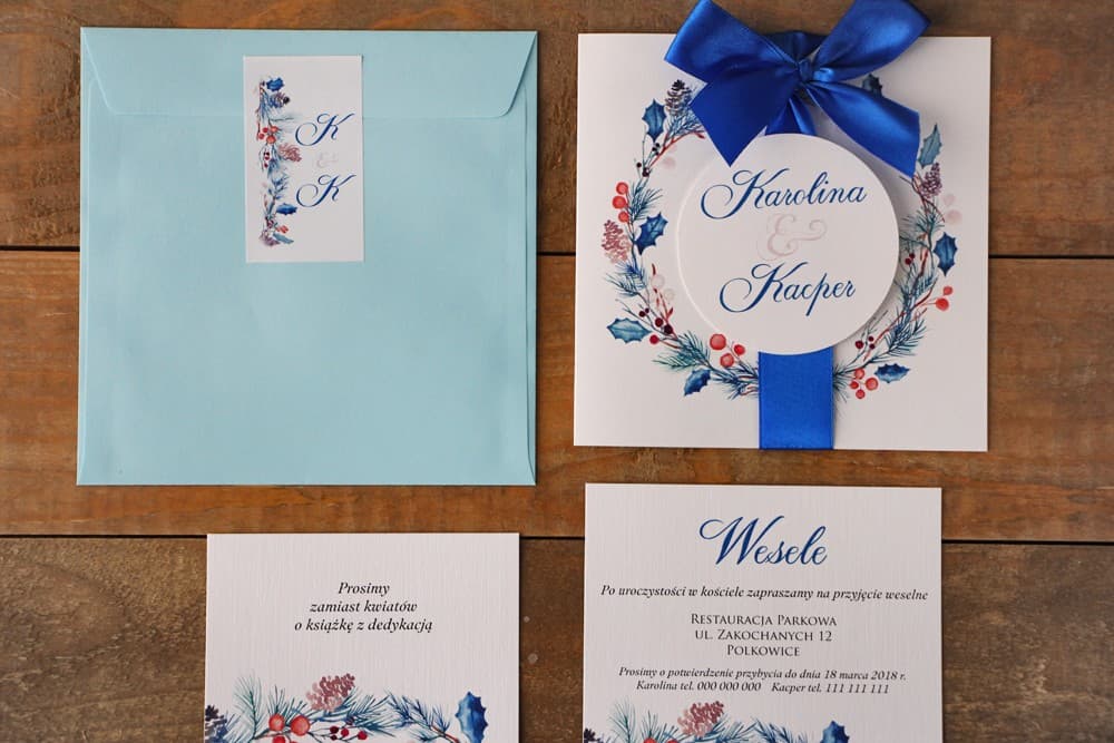 Zaproszenia ślubne zimowe kwadratowe z błękitnymi gałązkami i czerwoną kokardą – Akwarele nr 15 - 3