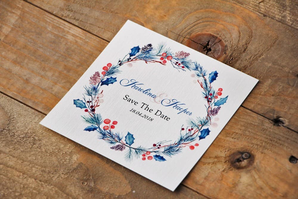 Zimowe Save the Date, Błękitne Gałązki i Ostrokrzew | Akwarelowe Zawiadomienia o Ślubie | Akwarele nr 15