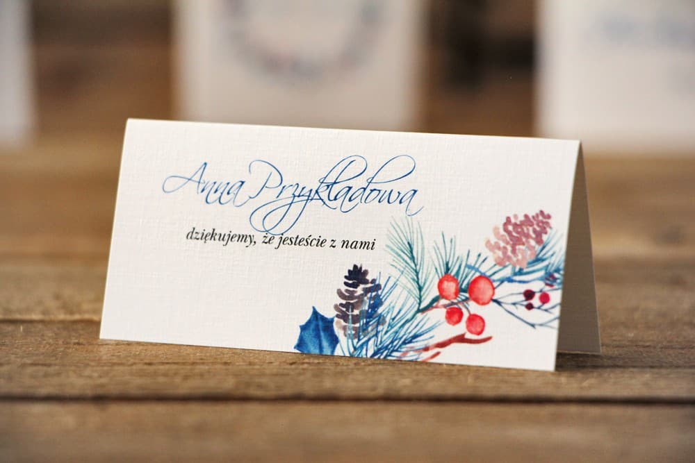 Winietki Ślubne Akwarele nr 15 – Zimowe Wizytówki na Stół z Motywem Ostrokrzewu