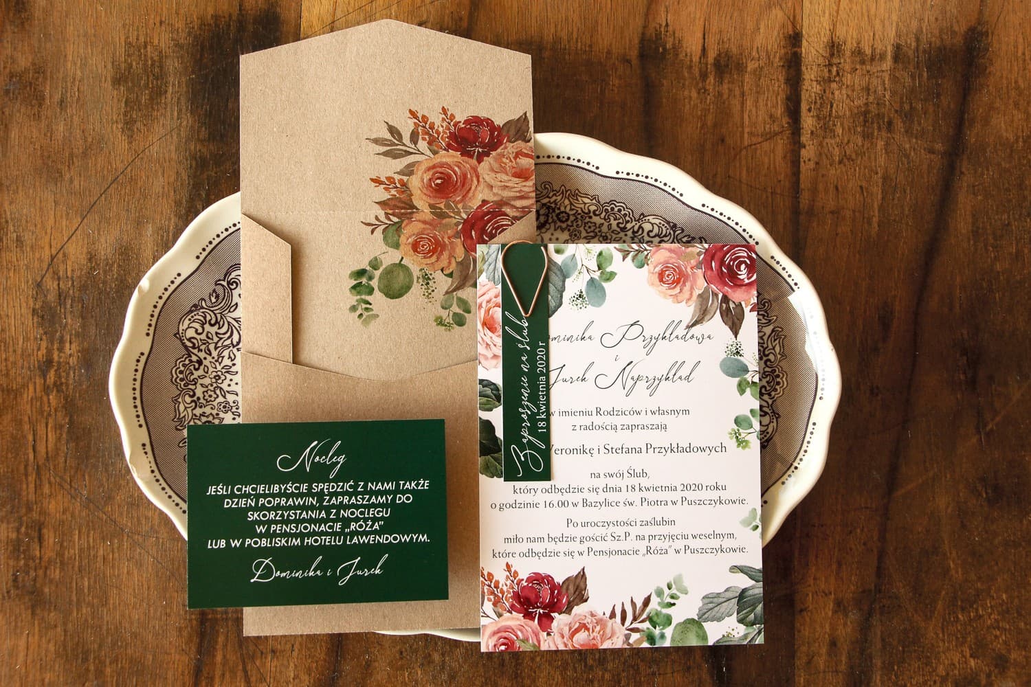 Zaproszenia ślubne glamour z różowymi różami i klipsem rose gold Delize nr 3 - 2