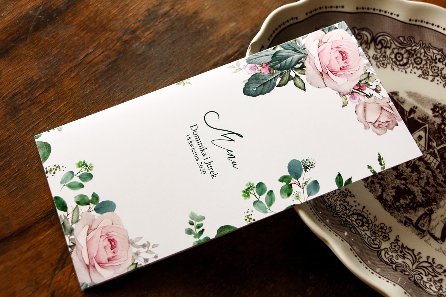 Eleganckie menu weselne z motywem róż i eukaliptusa, składane | Karta menu na stół weselny | Delize nr 4