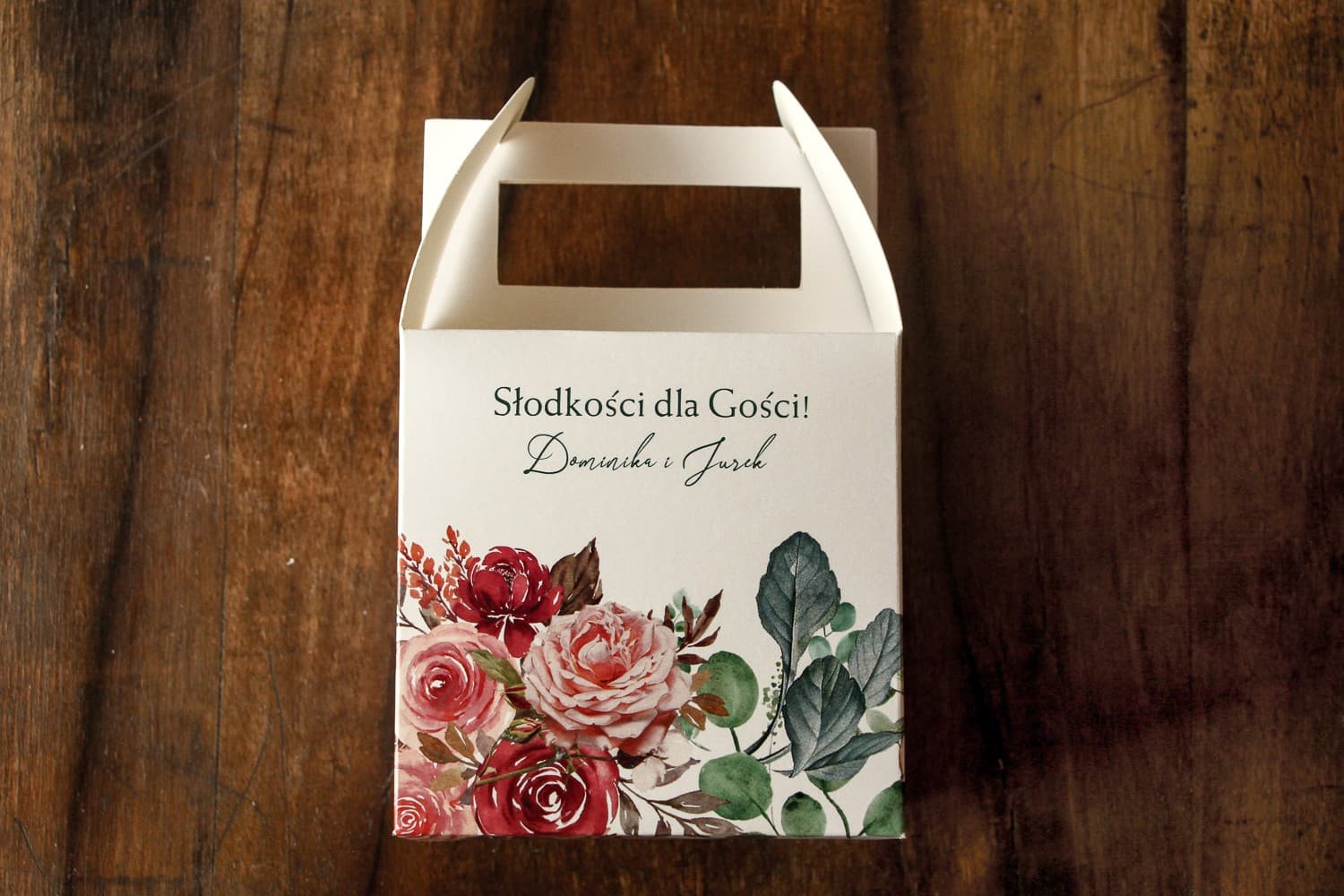 Pudełka na ciasto weselne z różowym bukietem, personalizowane | Opakowania dla gości | Delize nr 3