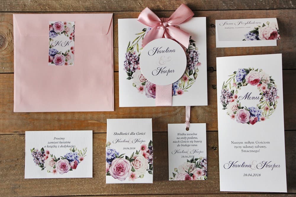 Zaproszenia ślubne boho z kokardką, różowe róże i bez – Akwarele nr 17