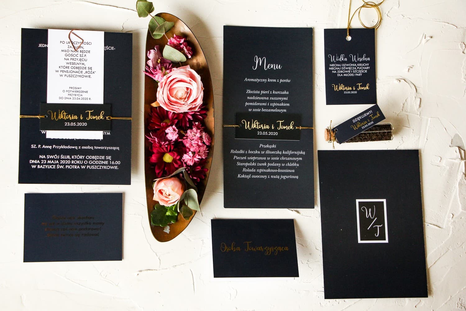 Zaproszenia ślubne granatowe w stylu glamour ze spinaczem i bilecikiem – Emerald nr 1 - 2