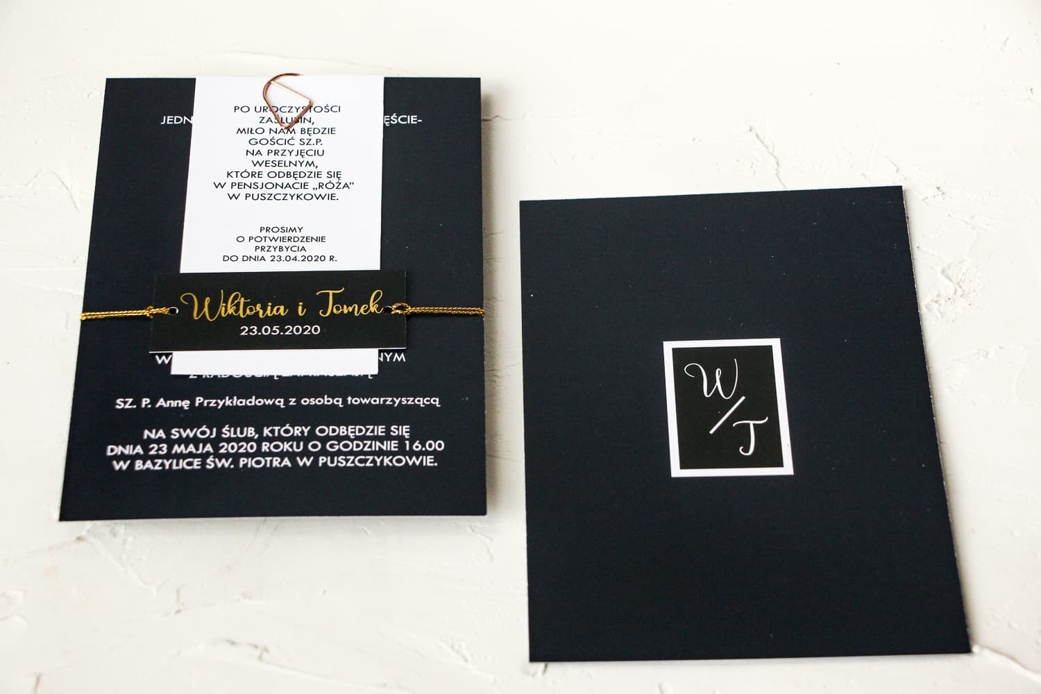 Zaproszenia ślubne granatowe w stylu glamour ze spinaczem i bilecikiem – Emerald nr 1 - 3