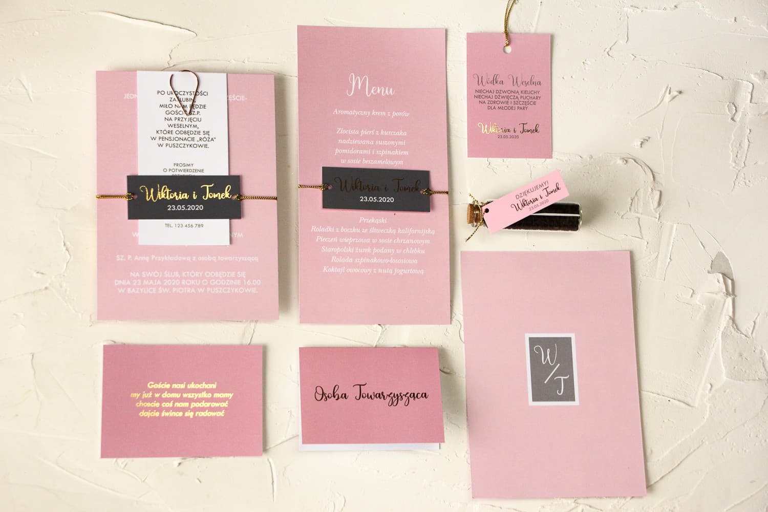 Zaproszenia ślubne glamour pudrowy róż ze złotym spinaczem i sznurkiem Emerald nr 2 - 3