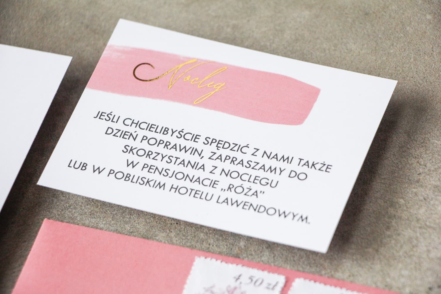 Złocone bileciki z różową akwarelą | Wkładki do zaproszeń ślubnych, karteczki RSVP | Verte nr 2