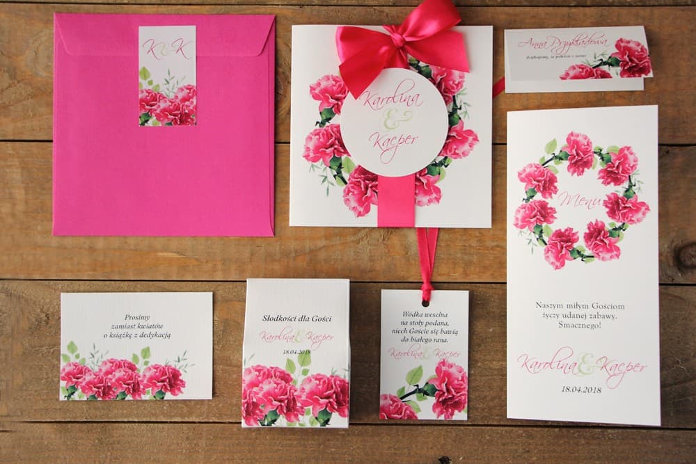 Eleganckie zaproszenia ślubne kwiaty, akwarelowe różowe goździki z kokardką na lnie – Akwarele nr 18 - 2