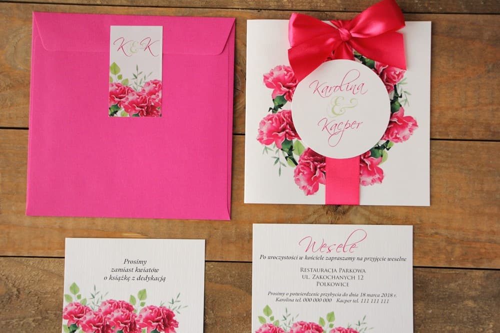 Eleganckie zaproszenia ślubne kwiaty, akwarelowe różowe goździki z kokardką na lnie – Akwarele nr 18 - 3
