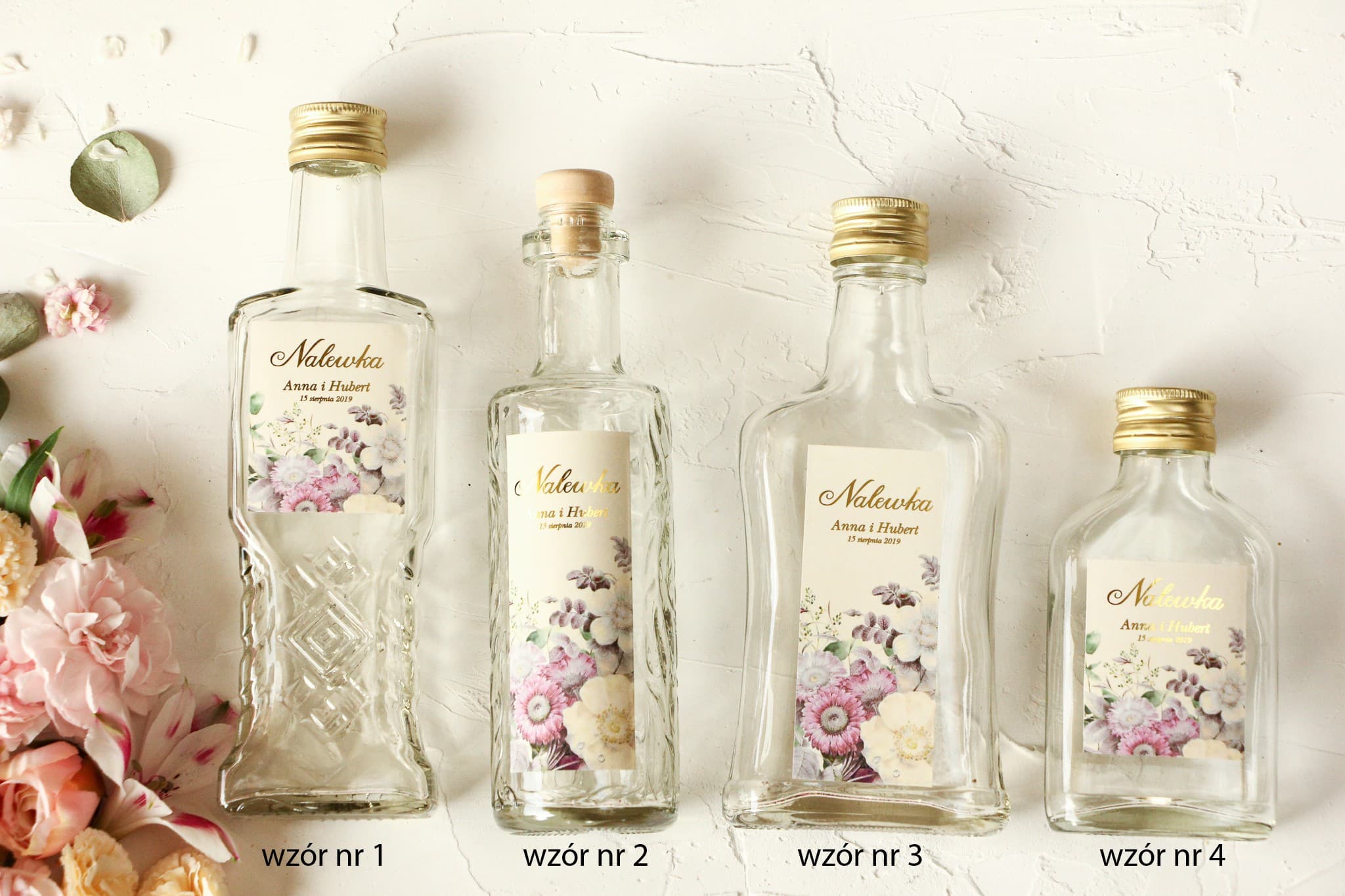 Złocone Butelki na Nalewki Weselne Podziękowania dla Gości | Styl Vintage Kwiaty | Szafirowe nr 1 - 2