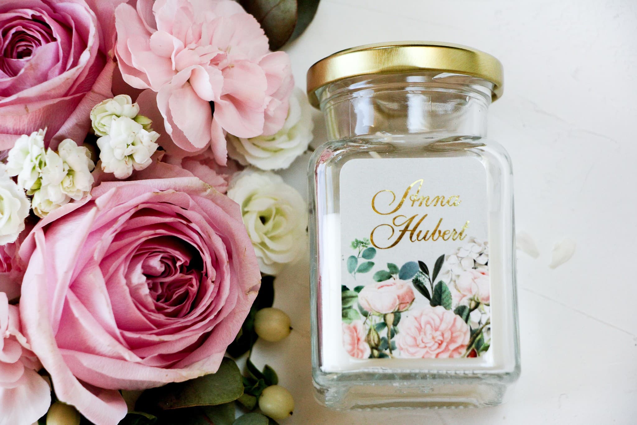 Świeczka Sojowa Szafirowe nr 2 – Podziękowanie z Pudrowymi Różami i Złoceniem