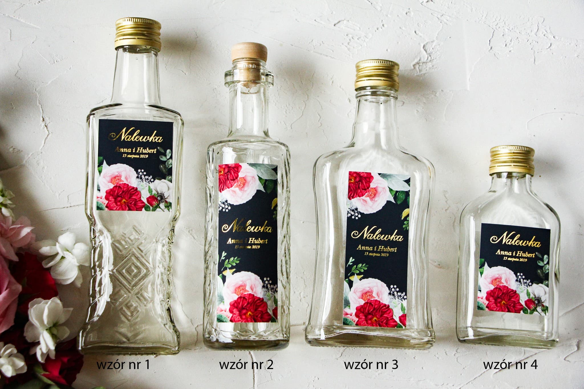 Butelki na Nalewki Weselne Złocone z Kwiatami | Podziękowania dla Gości, Upominki na Wesele | Szafirowe nr 4 - 3
