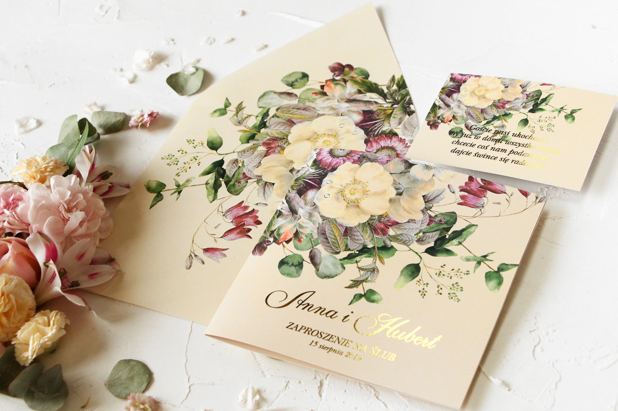 Złocona Próbka Zaproszenia z Kwiatami | Próbki Zaproszeń Ślubnych | Szafirowe nr 1