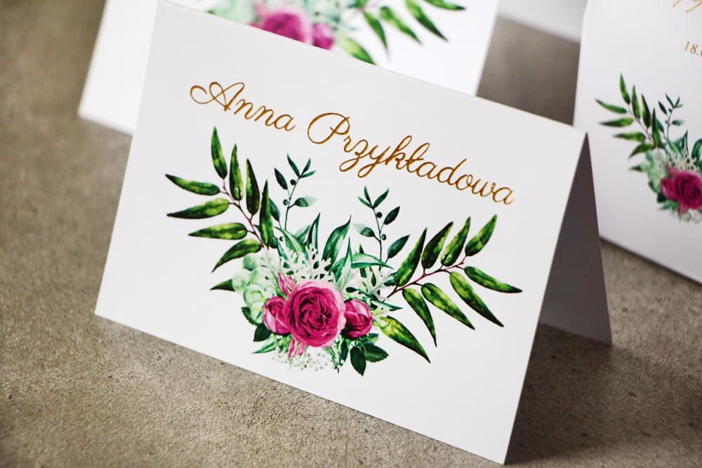 Winietki Ślubne Cykade nr 4 – Złocone Wizytówki na Stół z Różą Fuksja