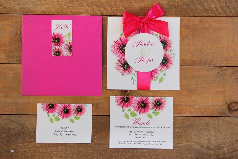 Zaproszenia ślubne boho kwadratowe z kokardką i różowymi gerberami – Akwarele nr 20 - 3