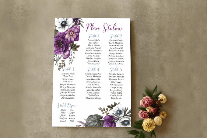 Plan Stołów z Fioletowymi Anemonami, Rozmieszczenie Gości | Plan Stołów Weselnych Plakat | Cykade nr 1