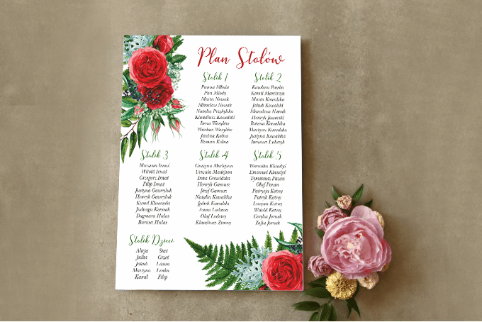 Elegancki Plan Stołów z Czerwonymi Różami i Paprocią | Plakat Rozmieszczenie Gości Weselnych | Cykade nr 2