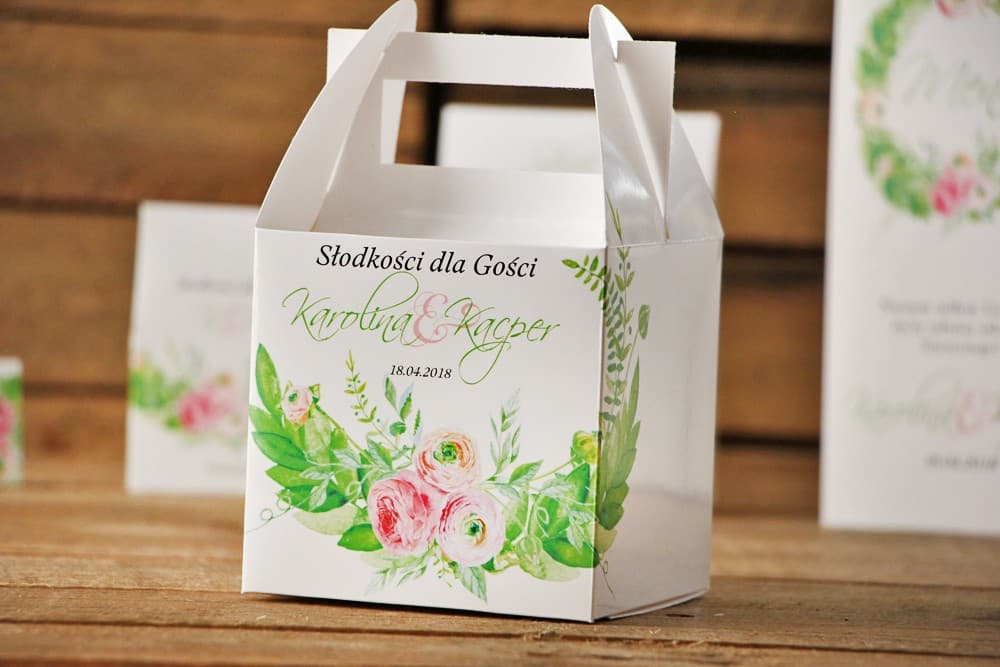 Pudełko na Ciasto Weselne z Rączką, Różowe Kwiaty Akwarela | Personalizowane Podziękowania dla Gości | Akwarele nr 22