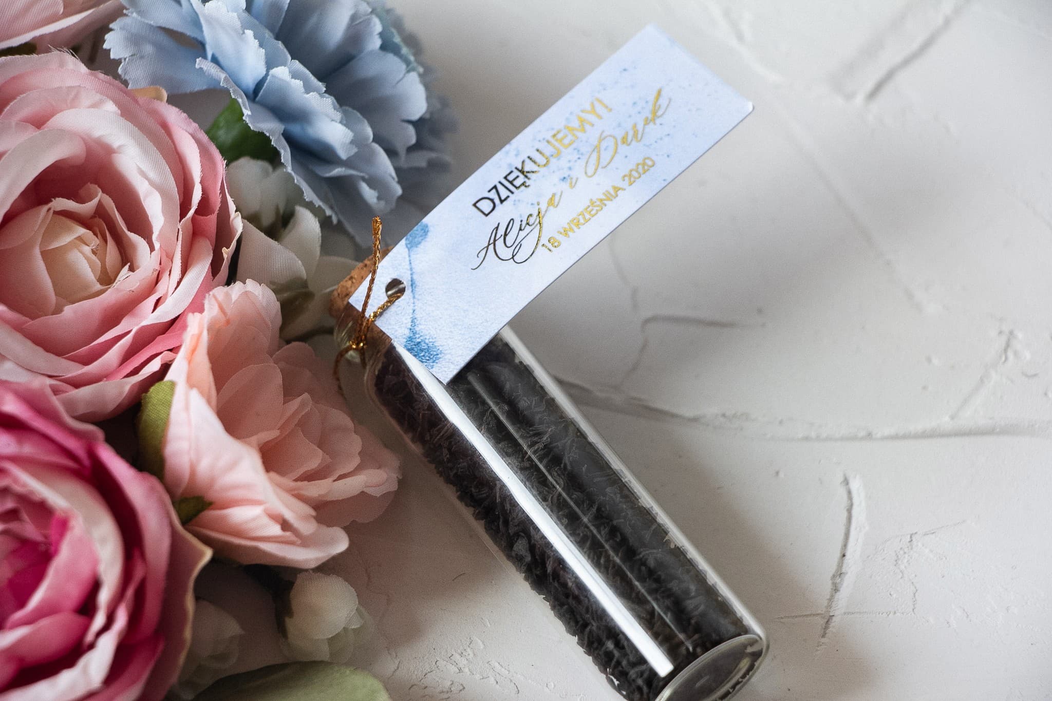 Buteleczka z Herbatą na Podziękowania dla Gości | Niebieski Motyw Marmurkowy | Marmurowe nr 3