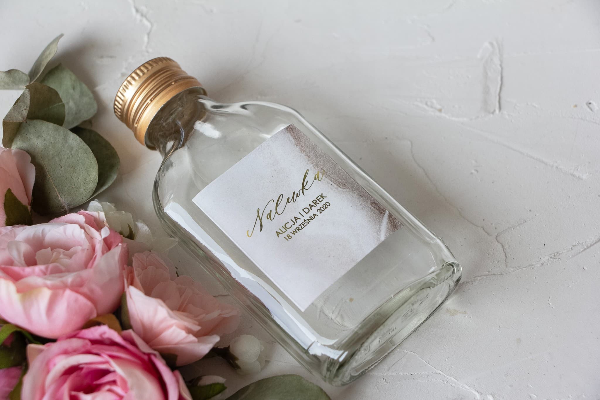 Złocone Butelki na Nalewki Weselne Marmur | Podziękowania dla Gości | Marmurowe nr 1 - 3