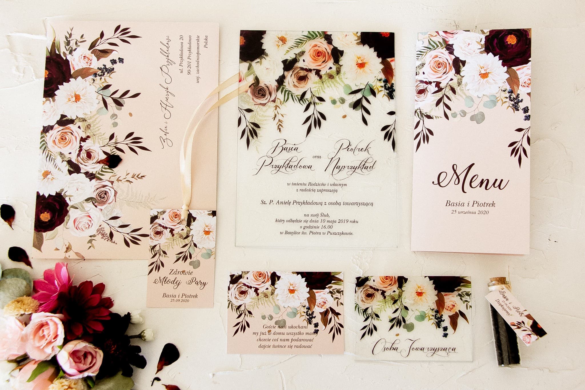 Próbki zaproszeń ślubnych na szkle z kompletem dodatków - Korani nr 2