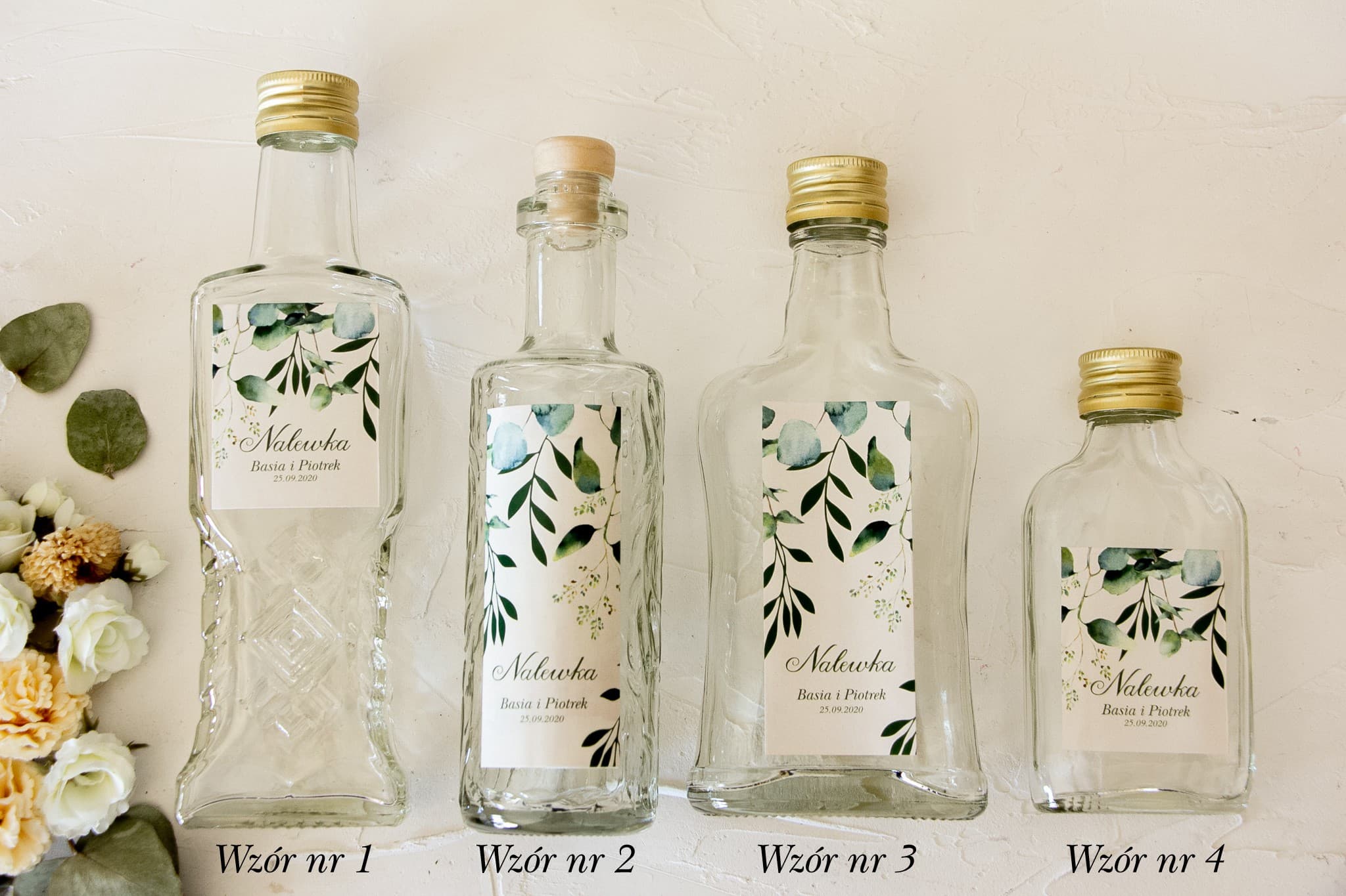 Buteleczki na nalewki ślubne Eukaliptus | Szklane Podziękowania dla Gości Weselnych | Korani nr 3 - 2