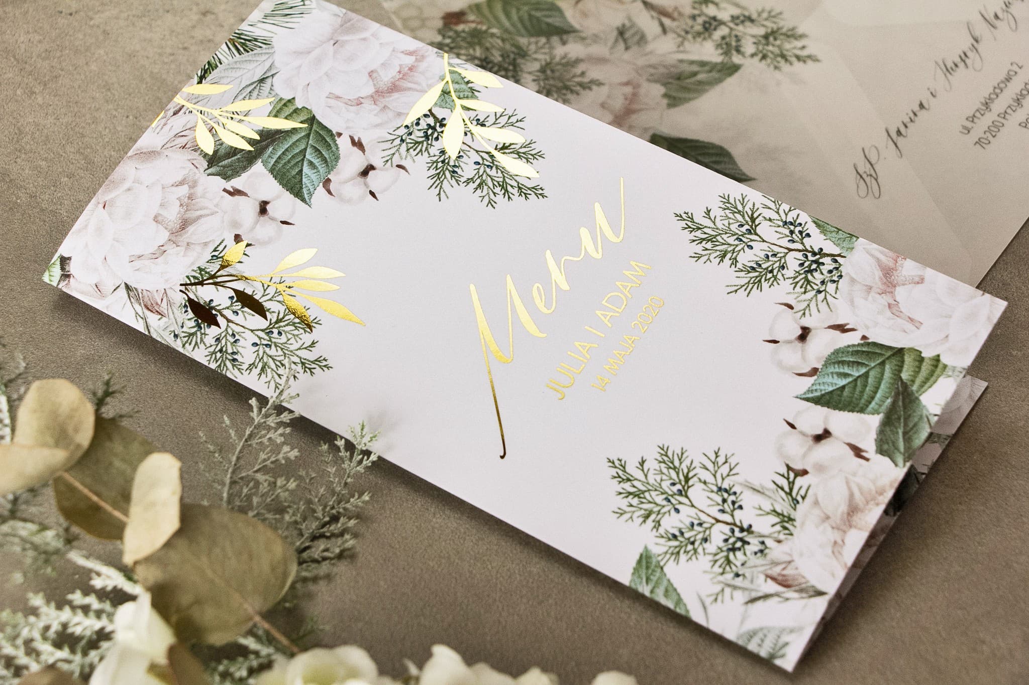 Karta Dań na Wesele Rubin nr 6 – Złocone Menu Stojące Glamour