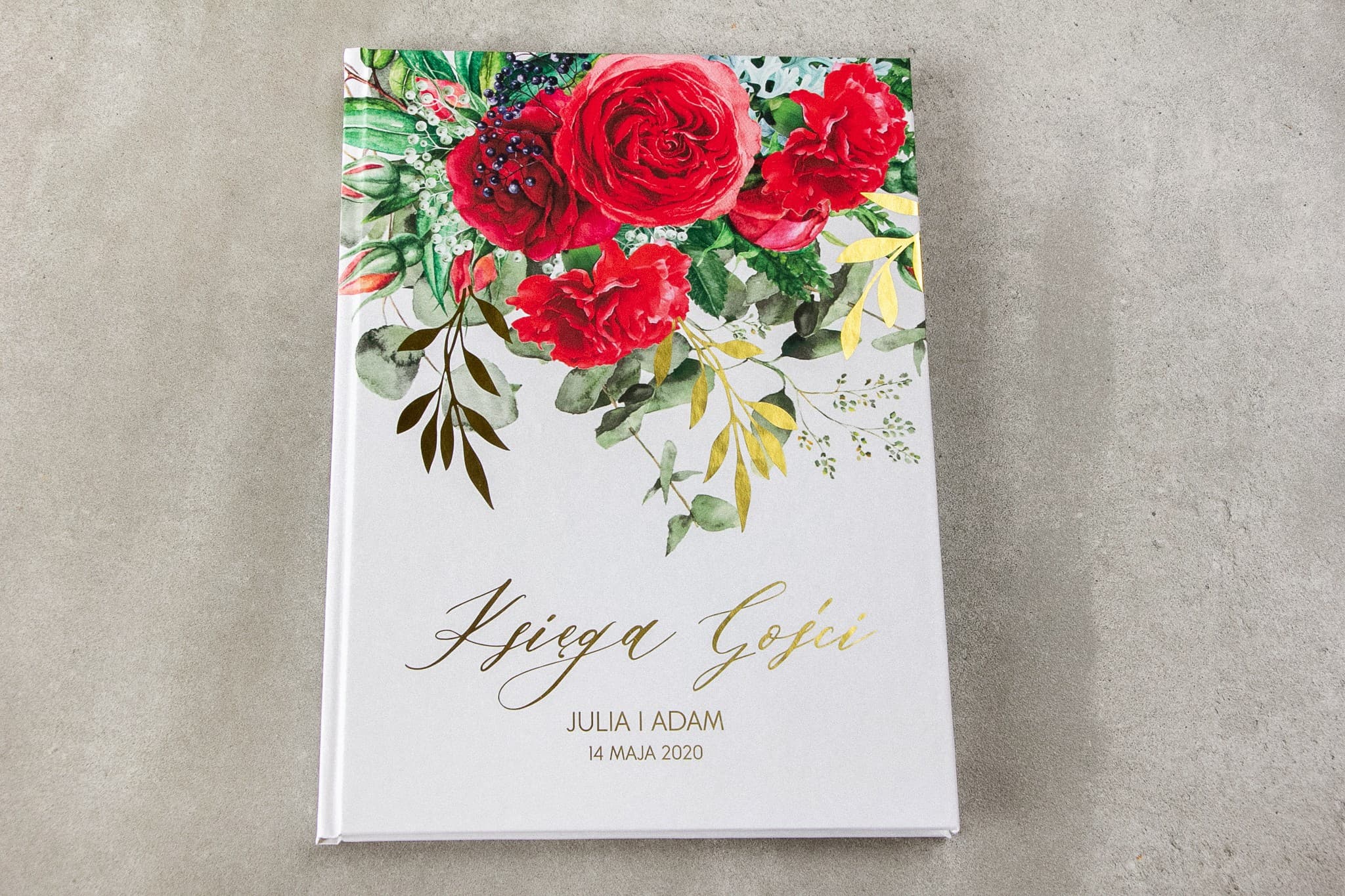 Złocona Księga Gości Bordowe Róże Goździki | Personalizowana Ślubna Księga Gości Weselnych | Rubin nr 8 - 2
