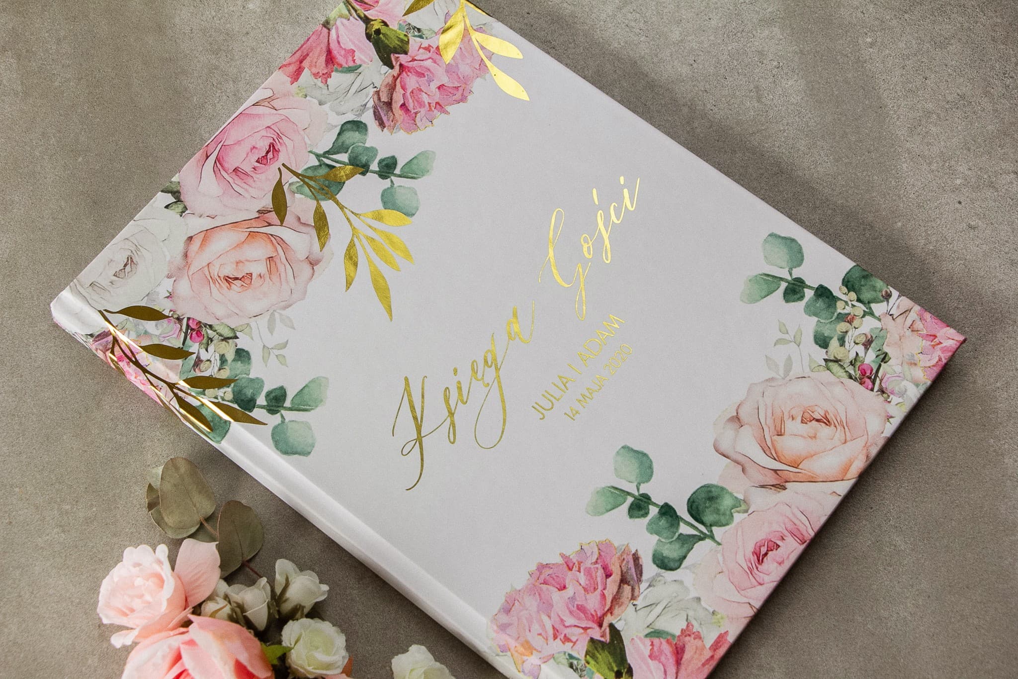 Różowa Księga Gości Złocone Gałązki | Personalizowana Pamiątka Ślubna A4 | Rubin nr 9 - 2