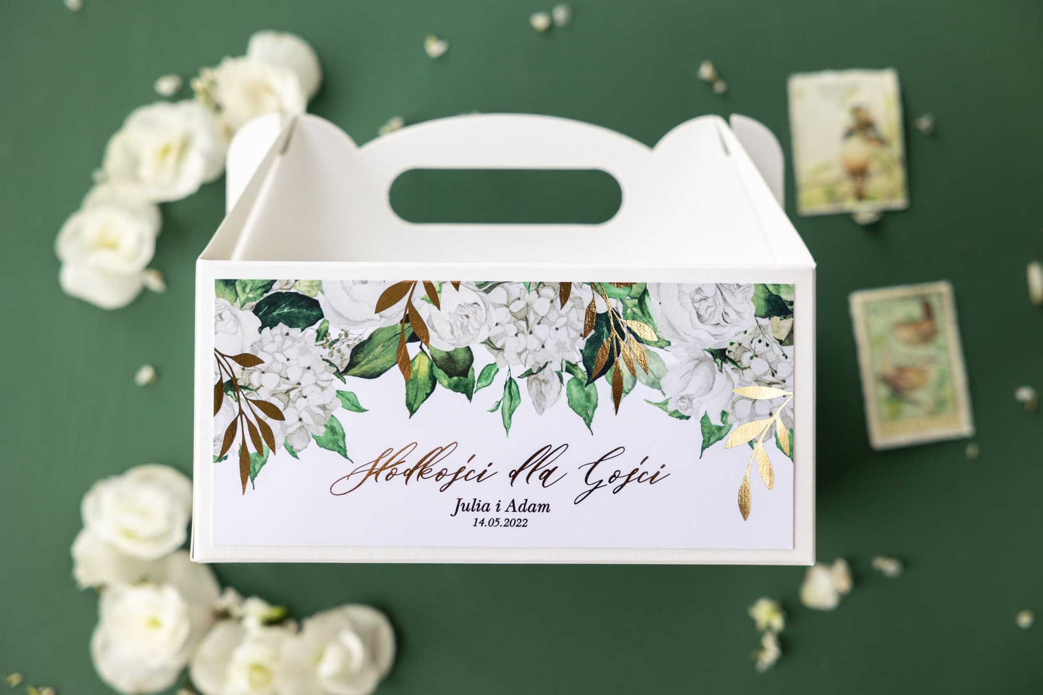 Eleganckie Pudełko na Ciasto Weselne Złocone Kwiaty | Podziękowania dla Gości Ślubne | Rubin nr 11